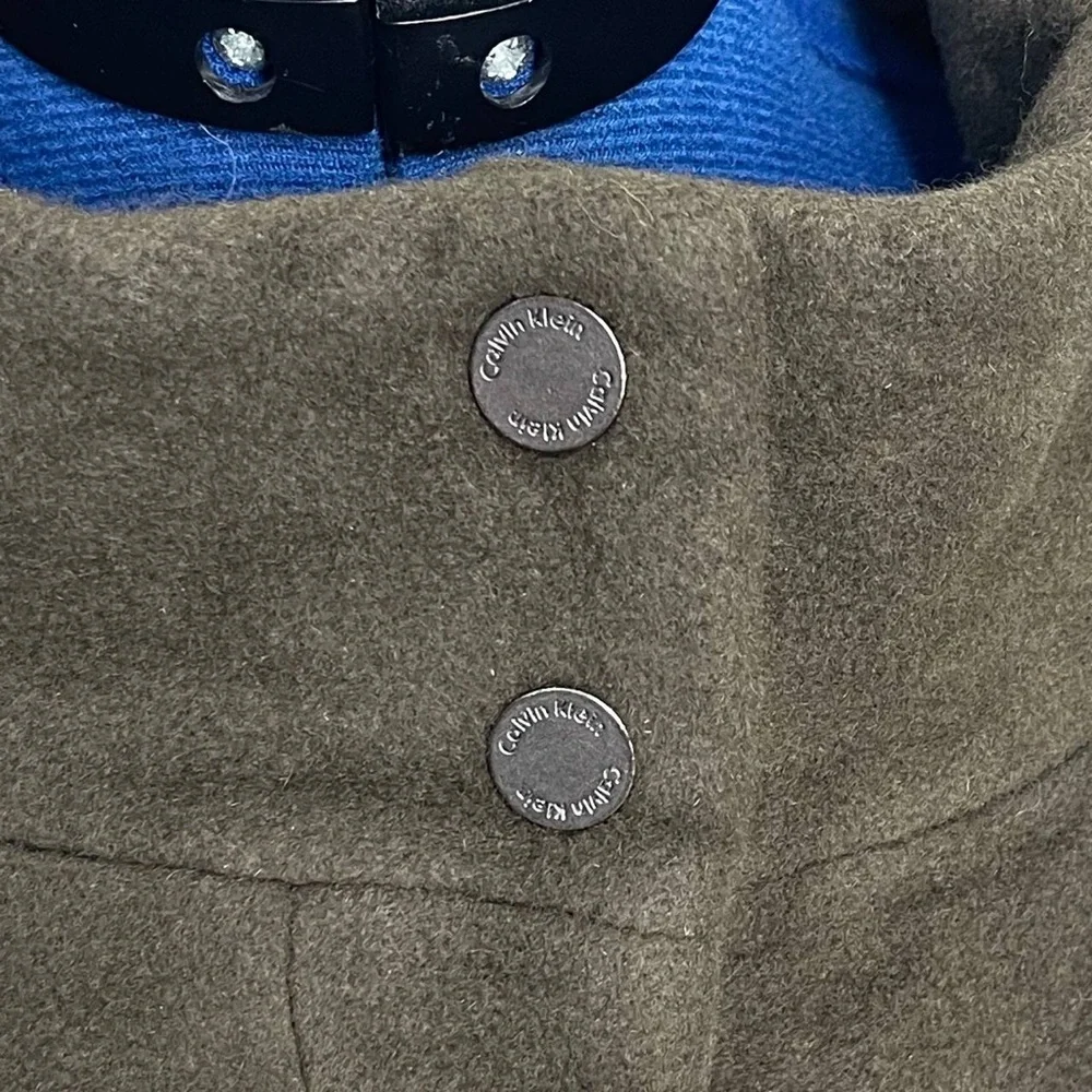 Calvin Klein Angora Wool Blend Trench Coat Olive Green Sz L Mob Wife Mock Neck‎